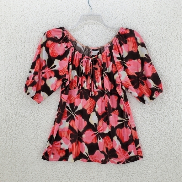 Vtg Judy Knapp Floral Top Blouse sz L California Orange Pink Stretch Y2K Autumn - Picture 1 of 8